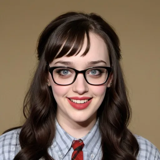 Prompt: Kat Dennings dressed as a dorky nerdy geeky girl, glasses, crooked teeth, acne, greasy bowlcut hair