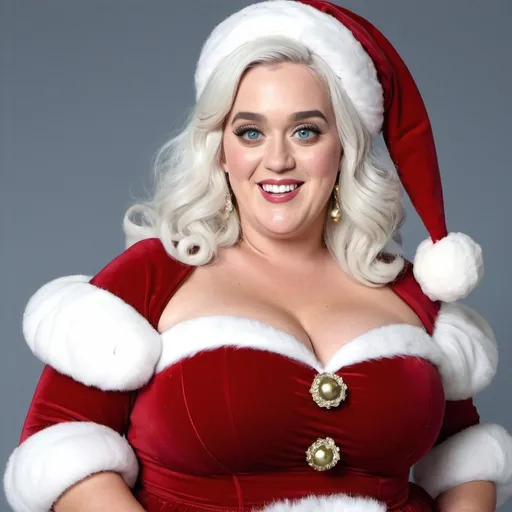 Prompt: Katy Perry dressed as bbw chubby mrs claus Woman, white hair