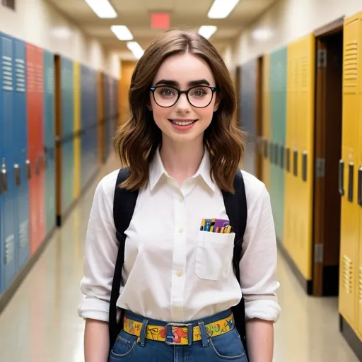 Prompt: Lily Collins, known for her elegant and poised roles, in a delightful transformation into a dorky nerd girl. Her once sleek hair is now replaced with frizzy pigtails that frame her face and accentuate her playful expression. Thick-rimmed glasses perch on her nose, slightly askew, while her ensemble consists of an oversized button-up shirt tucked into a pair of high-waisted jeans, held up by a colorful belt adorned with cartoon characters. A pocket protector filled with pens peeks out from her shirt pocket, adding to the nerdy charm. Accessories include a pair of mismatched socks pulled up high and a pair of classic white sneakers. Her attire is completed with a stylish twist, combining the iconic look of a '90s dork with a touch of modern flair. She holds a stack of textbooks in one hand and a calculator in the other, hinting at her academic prowess. The background is a vibrant school hallway, filled with lockers and posters of science projects and math equations, setting the scene for an unexpected yet endearing flashback to the school days of yesteryear. Her infectious smile and the sparkle in her eyes suggest she's fully embracing her newfound nerdy persona, making the whole look seem both genuine and utterly entertaining.