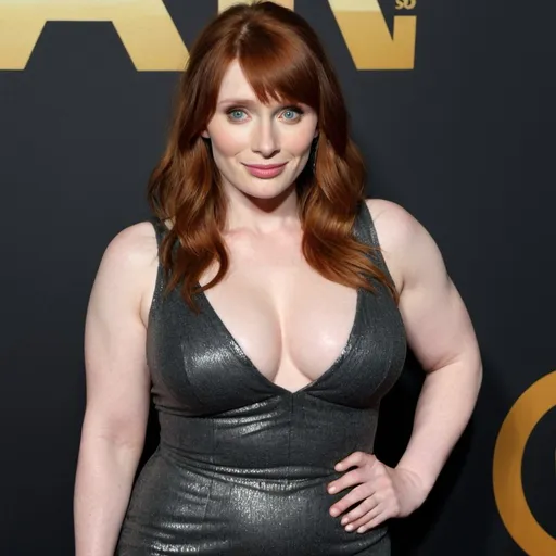 Prompt: fat Bryce Dallas Howard, chubby body, plump bbw, long hair, big chest, wearing a tight dress