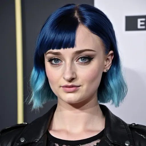 Prompt: Sophie turner as a emo girl, black and blue big emo hairstyle, emo fringe