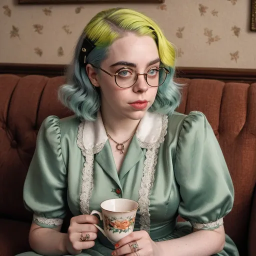 Prompt: Billie Eilish a 1940s woman, with a pincurl hairstyle, wearing 1940s dress, cateye glasses, holding a cup of tea, sitting on a sofa, photo style, detailed face