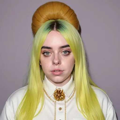 Prompt: Billie Eilish dressed as a 1960's woman with big bouffant beehive hair