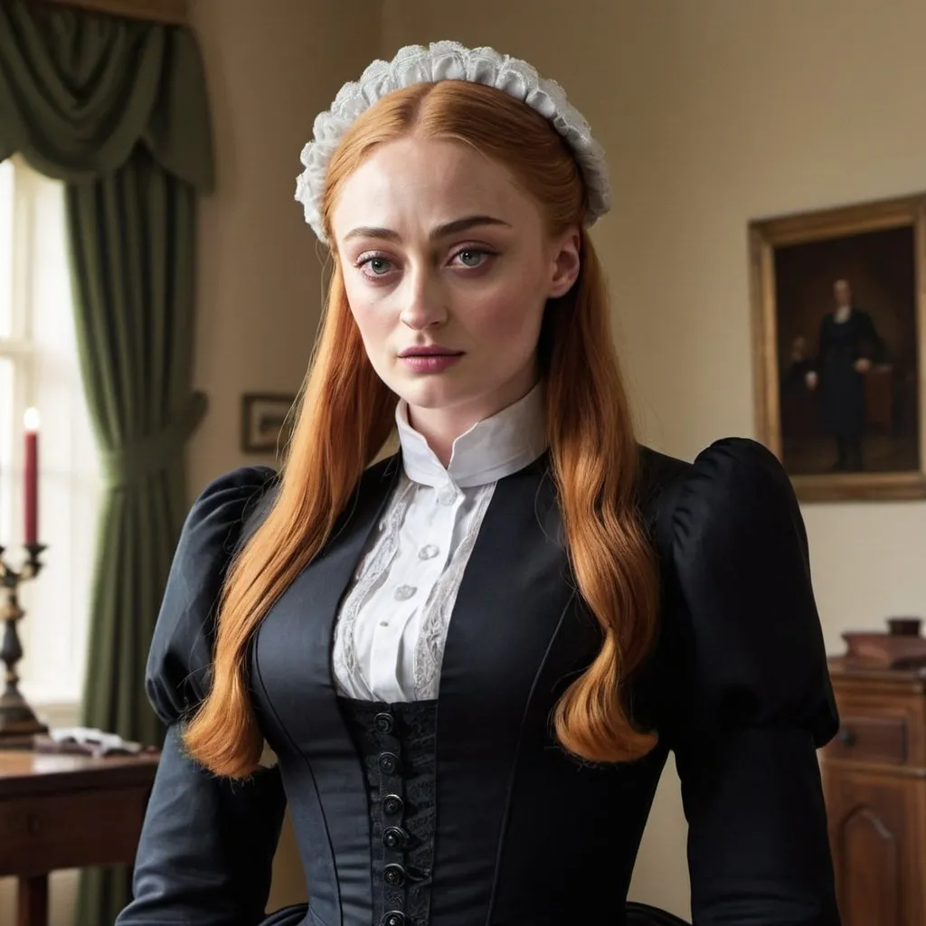 Prompt: sophie turner dressed as a mature strict governess