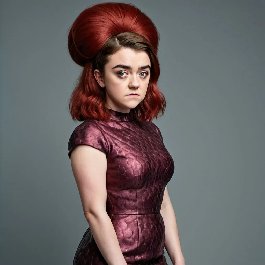 Prompt: maisie Williams plump woman with long red big bouffant beehive hair full body shown, wearing tight dress full body shown