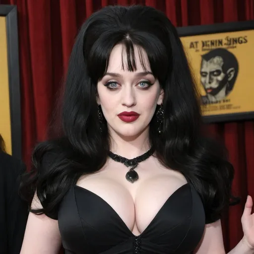 Prompt: Kat Dennings Dressed as Elvira Mistress of the dark, Big bouffant Beehive black hair