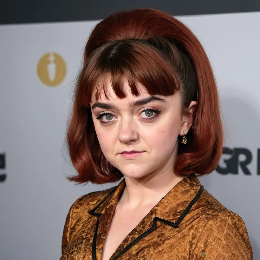 Prompt: Maisie Williams dressed as peggy bundy with big bouffant beehive long hair