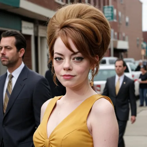 Prompt: setting, a new jersey street, emma stone dressed as a jersey woman, with a massive bouffant beehive hairstyle, wearing tight dress, holding a cigarette, live photo, detailed face
