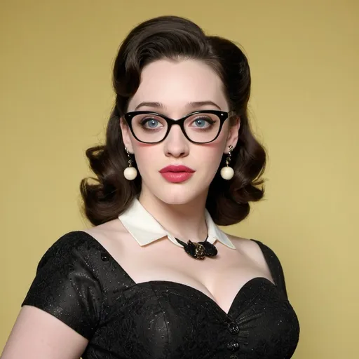 Prompt: Kat Dennings a 1950s woman, with a beehive hairstyle, wearing 1950s dress, cateye glasses, photo style, detailed face