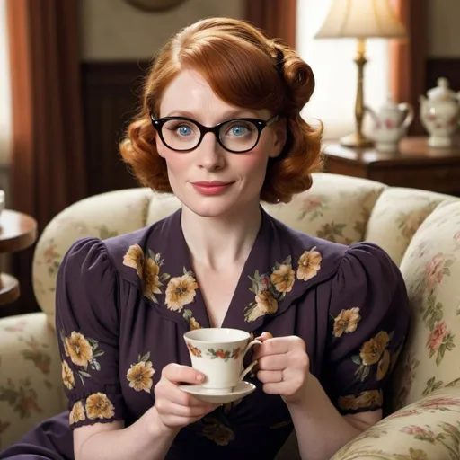 Prompt: Bryce Dallas Howard a 1940s woman, with a pincurl hairstyle, wearing 1940s dress, cateye glasses, holding a cup of tea, sitting on a sofa, photo style, detailed face
