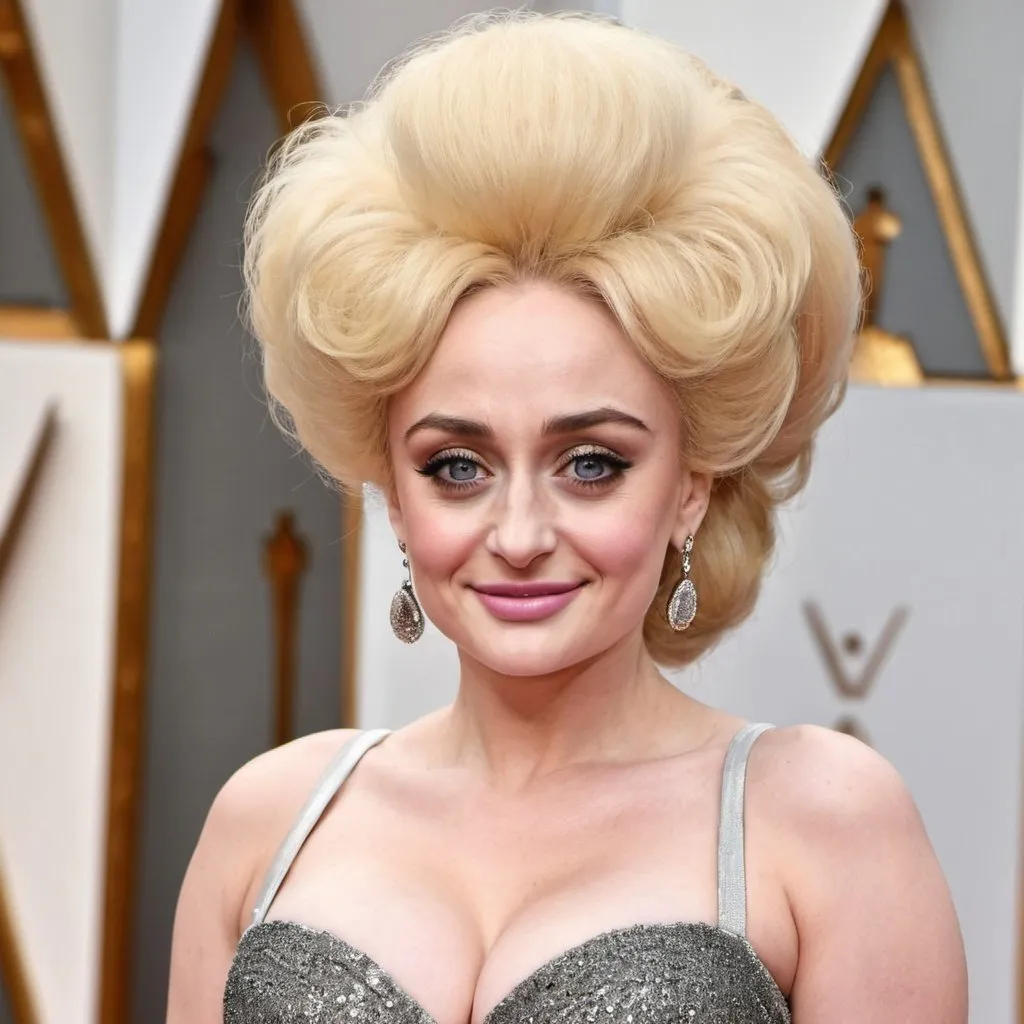 Prompt: Sophie Turner dressed as Barbara Windsor with big bouffant hair