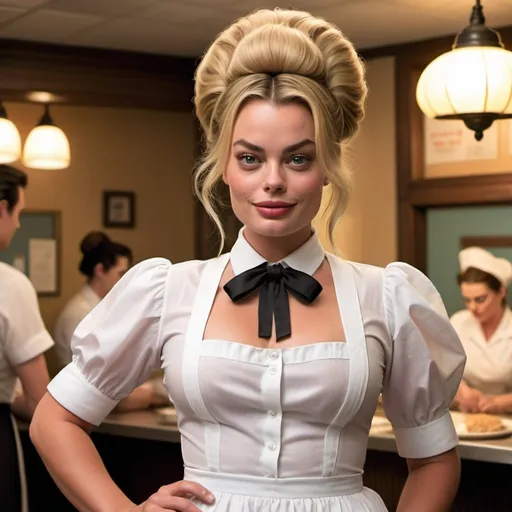 Prompt: Margot Robbie a overweight waitress, wearing waitress outfit, giant bouffant beehive hairstyle, makeup, photo style, detailed face, full body