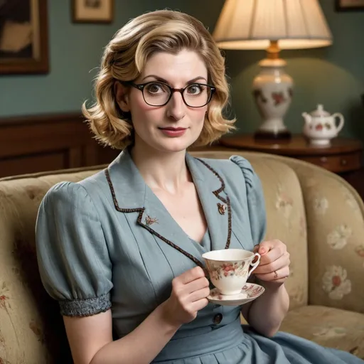 Prompt: Jodie Whittaker a 1940s woman, with a pincurl hairstyle, wearing 1940s dress, cateye glasses, holding a cup of tea, sitting on a sofa, photo style, detailed face