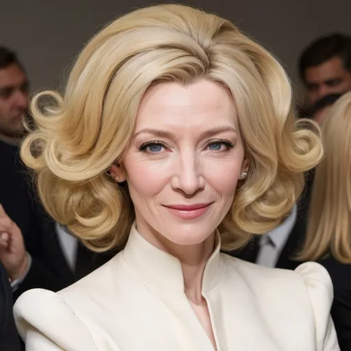 Prompt: Cate Blanchett dressed as stepford wife with massive bouffant beehive long blonde hair