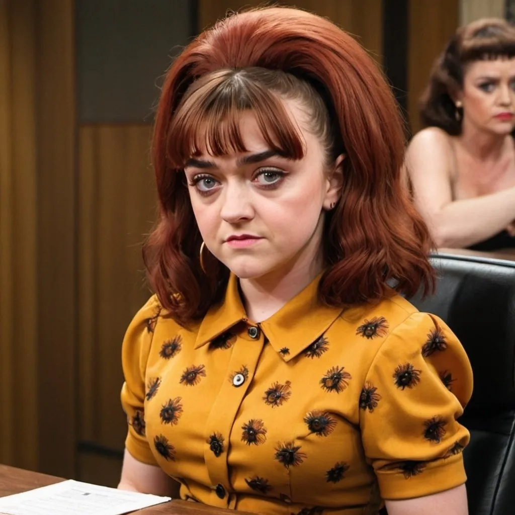 Prompt: Maisie Williams dressed as peggy bundy with big bouffant beehive long hair