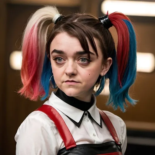 Prompt: Maisie Williams dressed as harley Quin with big bouffant pigtail hair