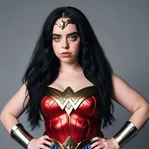 Prompt: Billie Eilish dressed as Wonder Woman  with big bouffant black hair