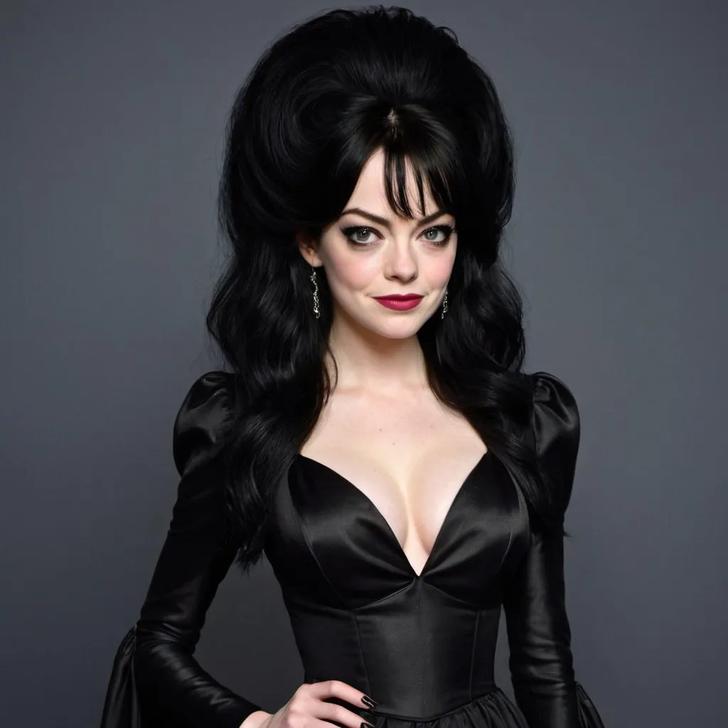 Prompt: emma stone Dressed as Elvira Mistress of the dark, Big bouffant Beehive black hair