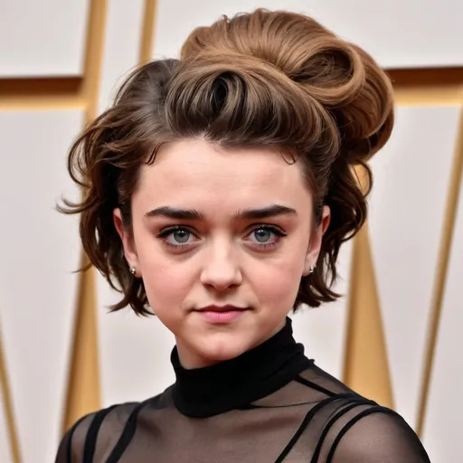 Prompt: Maisie Williams, the young British actress best known for her role as Arya Stark in "Game of Thrones," with an astonishingly massive bouffant hairstyle. Her usually cropped hair has been transformed into a towering giant of thick, voluminous locks that ascend dramatically from her head, creating a spectacle of gravity-defying proportions. The bouffant is so long and thick that it stretches down past her shoulders and pools on the floor around her, resembling a glossy black waterfall frozen in time. Each strand is meticulously styled to contribute to the overall grandeur, with not a single hair out of place. The sheer volume of her hair casts a shadow on the red carpet beneath her, emphasizing the scale of the hairdo. Her eyes sparkle with mischief as she looks directly at the camera, one hand playfully tucked into the side of the bouffant, hinting at the lightness and humor behind this extreme fashion choice. She's dressed in a simple yet elegant gown, allowing the hairstyle to take center stage. The contrast between her petite frame and the colossal hairdo is awe-inspiring, leaving onlookers both bewildered and captivated by the sheer audacity of the look. The vibrant flashes of paparazzi lights reflect off the hairspray-coated strands, creating a dazzling halo around her head. It's a whimsical and surreal moment captured in time, showcasing not only her playful side but also the artistry of the stylist who crafted this hair masterpiece.