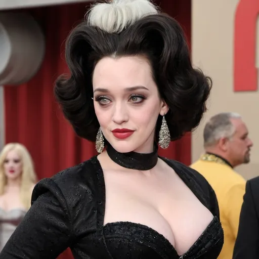 Prompt: Kat Dennings dressed as Cruella Deville with big bouffant beehive hair
