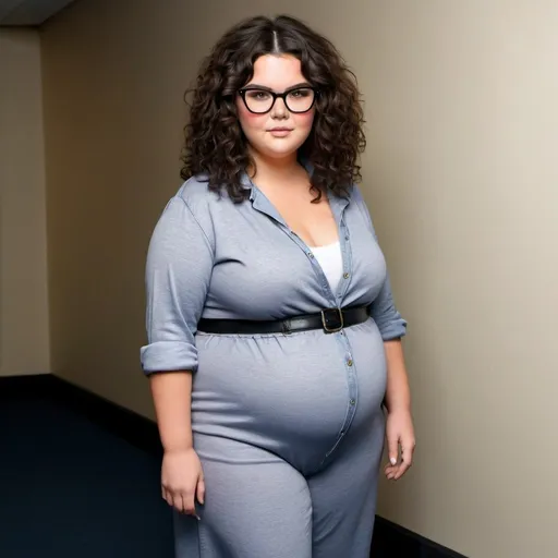 Prompt: full body photo kendal Jenner dressed as a chubby nerdy woman with frizzy curly hair and glasses