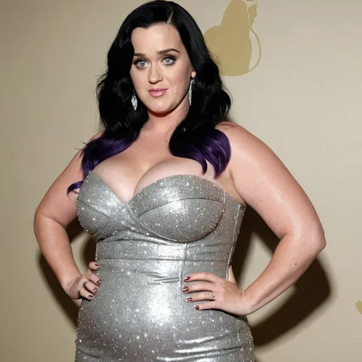 Prompt: fat Katy Perry, chubby body, plump bbw, long hair, big chest, wearing a sparkly dress