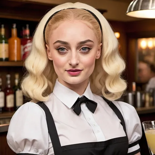 Prompt: sophie turner dressed as a cocktail waitress wearing a a masive blonde bouffant wig