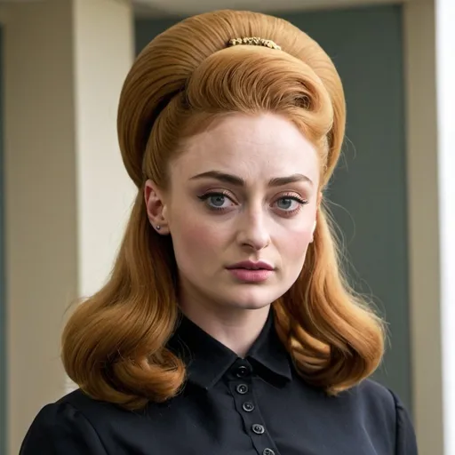 Prompt: sophie turner dressed as a 1960's woman with big bouffant beehive hair