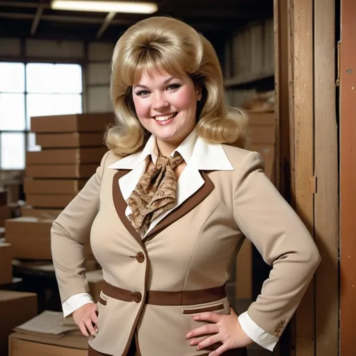 Prompt: Smiling heavy woman with large thighs with a blonde mullet shag with bangs beige and brown comtrasting ripped up and 
worn out 1970's double knit polyester three piece vested matching  business suit with poofy wide shoulder pads, very wide collar, wide lapels, blouse with a very wide 1970s frilly ascot neckerchief in an old warehouse