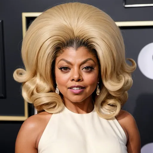 Prompt: Taraji P. Henson dressed as stepford wife with massive bouffant beehive very long blonde hair with bell shaped bangs