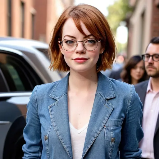 Prompt: Emma Stone a Karen woman, wearing mom jeans and blazer, glasses, short a line pixie bob karen haircut, makeup, photo style, detailed face, full body