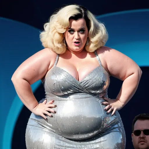 Prompt: fat Katy Perry, chubby body, plump bbw, massive bouffant hair, big chest, wearing a sparkly dress