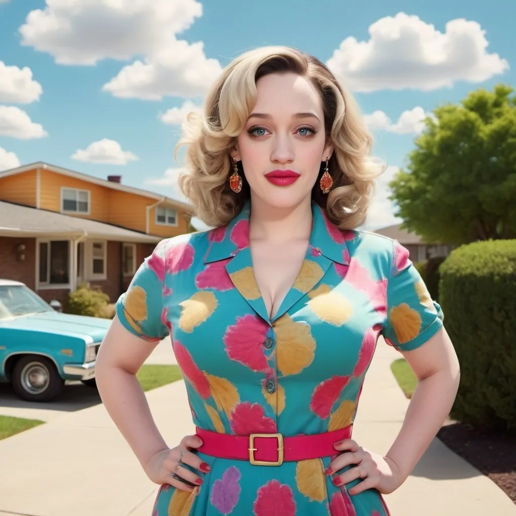 Prompt: kat dennings dressed as a middle aged karen mom woman with a short blonde bouffant stacked a line bob hairstyle