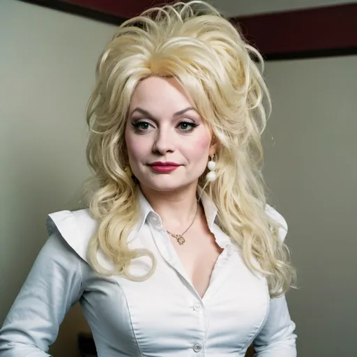 Prompt: meg white dressed as Dolly Parton with big bouffant hair