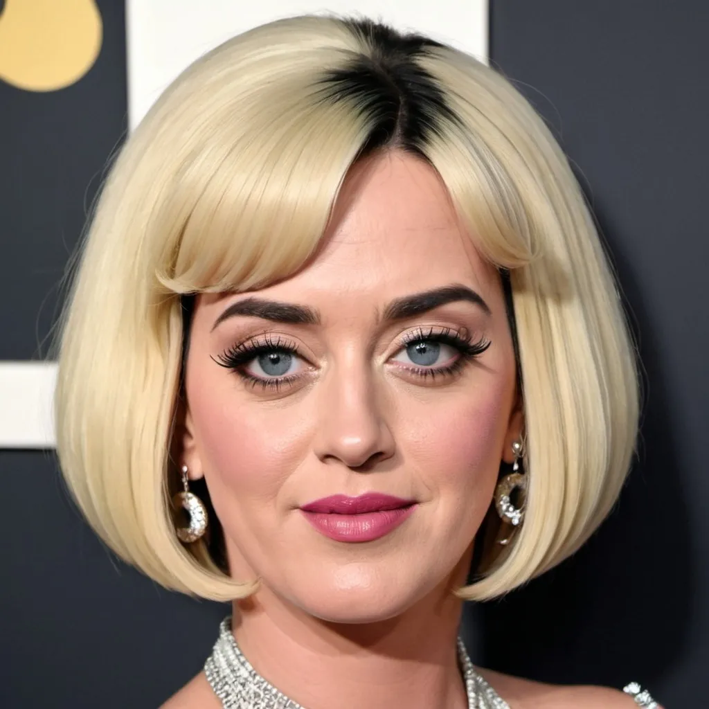 Prompt: katy perry dressed as a middle aged karen mom woman with a blonde bouffant stacked a line bob hairstyle