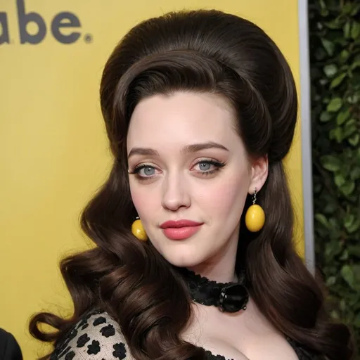 Prompt: Kat dennings dressed as a 1960's woman with big bouffant beehive hair