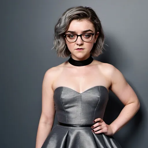 Prompt: hd photo of Maisie Williams sultry mature woman, curvy body, cocktail dress, bouffant grey hair, glasses
