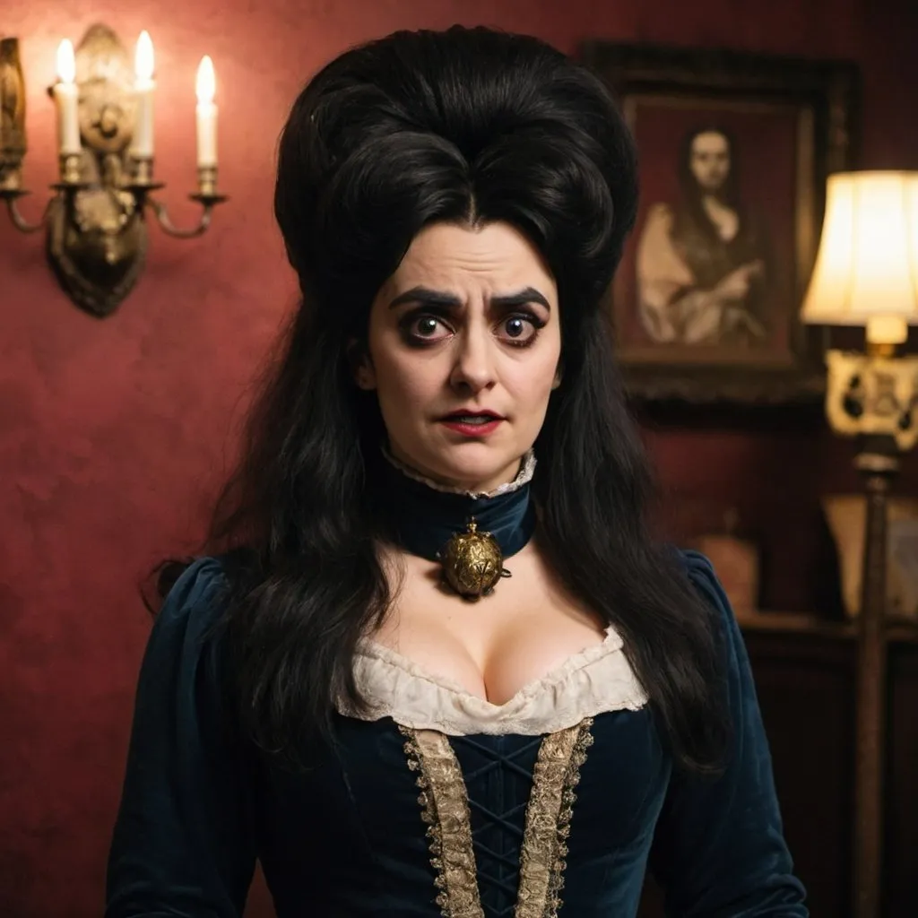 Prompt: Natasia Demetriou dressed as nadja what we do in the shadows with big bouffant beehive long hair