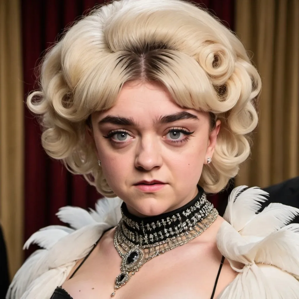Prompt: Maisie williams dressed as mae west with big bouffant hair