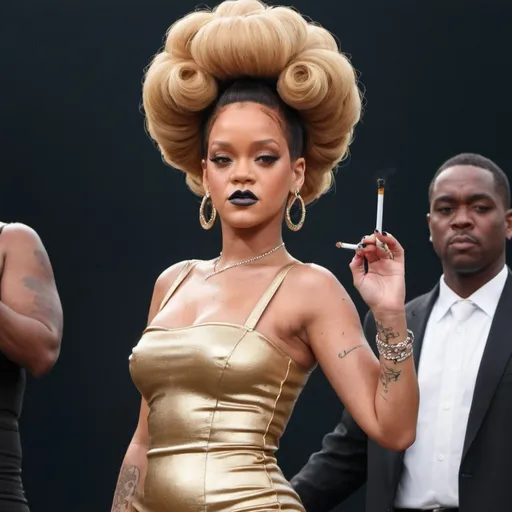 Prompt: setting, a new jersey street, rihanna dressed as a jersey woman, with a massive bouffant beehive hairstyle, wearing tight dress, holding a cigarette, live photo, detailed face

