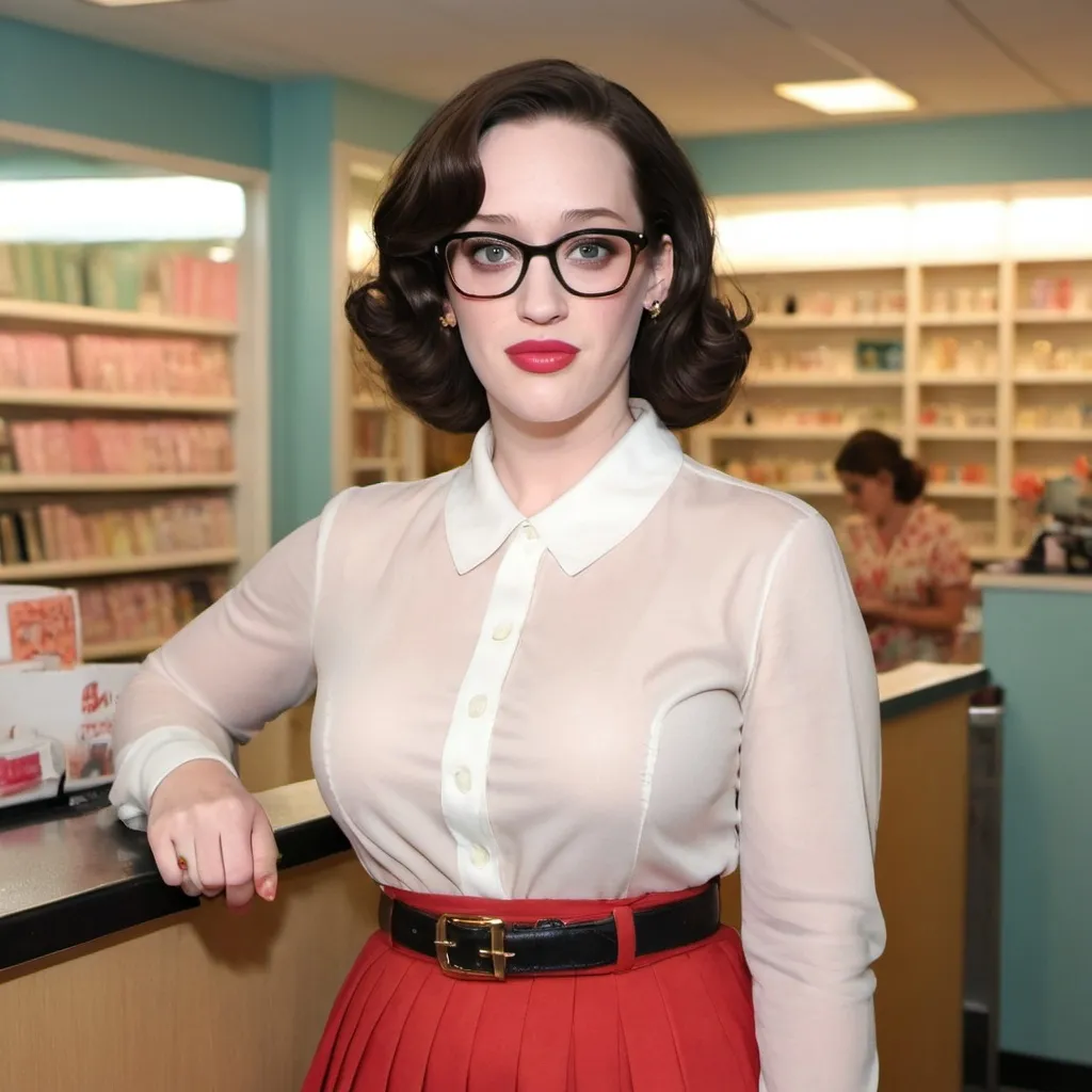 Prompt: Kat Dennings in a delightful transformation, dressed as a middle-aged Karen mom with a spot-on hairstyle. She sports a short, blonde bouffant stacked a-line bob that frames her face perfectly, showcasing a style reminiscent of the '80s and '90s. The hair is teased and layered, creating a voluminous look that adds a touch of elegance to her ensemble. She's wearing a pastel-colored, shoulder-padded blouse tucked into a high-waisted, pleated skirt in a matching shade, which is cinched at the waist with a gold-buckled belt. The outfit is completed with a pair of stylish pumps that complement the era-specific fashion. Accessorizing with oversized, round spectacles, a string of pearls, and a designer handbag slung over her shoulder, she embodies the stereotypical Karen aesthetic with surprising finesse. Her makeup is natural yet polished, with a hint of blush and a bold, red lipstick that pops against her fair complexion. In the background, there's a glimpse of a well-manicured lawn and a white picket fence, setting the scene for a suburban utopia. Kat's expression is a blend of confidence and slight judgment, mimicking the infamous "Karen" look often seen in memes and viral videos. Her pose, with one hand on her hip and the other holding a shopping list, suggests she's ready to tackle the day's errands with unyielding determination. The overall effect is a humorous yet respectful homage to the iconic look, bringing to life a character that is both familiar and exaggerated for comedic effect.