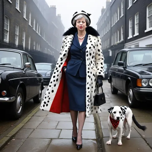 Prompt: Former British Prime Minister Theresa May dressed in an uncanny Cruella de Vil costume, complete with a dramatic fur coat, a set of bouffant black-and-white streaked hair, and iconic red lipstick. She stands regally before the famous Number 10 Downing Street, her hands resting on the heads of two Dalmatians adorned with blue leashes, a nod to the Conservative Party's color. The coat is tailored to perfection, with exaggerated shoulder pads and a fur-trimmed collar that reaches almost to her nose. Her eyes are sharply lined in black, giving her an intimidating gaze that mirrors Cruella's signature look. In one hand, she holds a cigarette holder with a British flag instead of a cigarette, symbolizing her political power. The Dalmatians sit obediently, yet with a hint of fear in their eyes, as if aware of the controversial policies that have earned her the comparison to the infamous puppy-napper. The scene is set against the backdrop of a foggy London evening, with the streetlights casting a warm glow on the cobblestone street. The costume is a clever amalgamation of political satire and fictional fashion, making a bold statement about her leadership style and the state of British politics at the time.