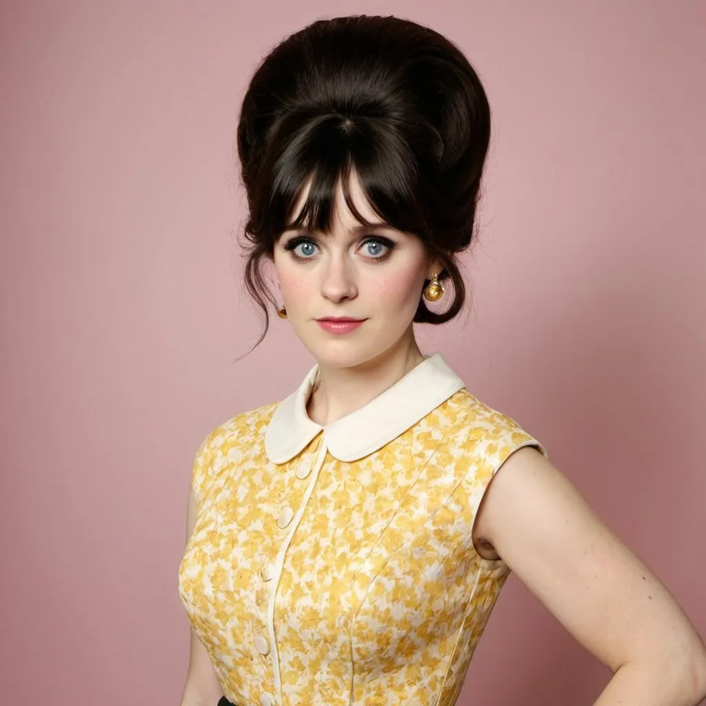 Prompt: zooey deschanel dressed as a 1960's woman with big bouffant beehive hair