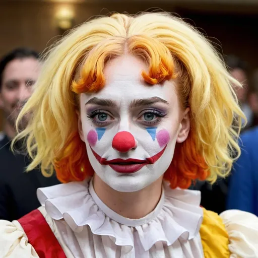Prompt: sophie turner dressed as a clown wearing a clown wig