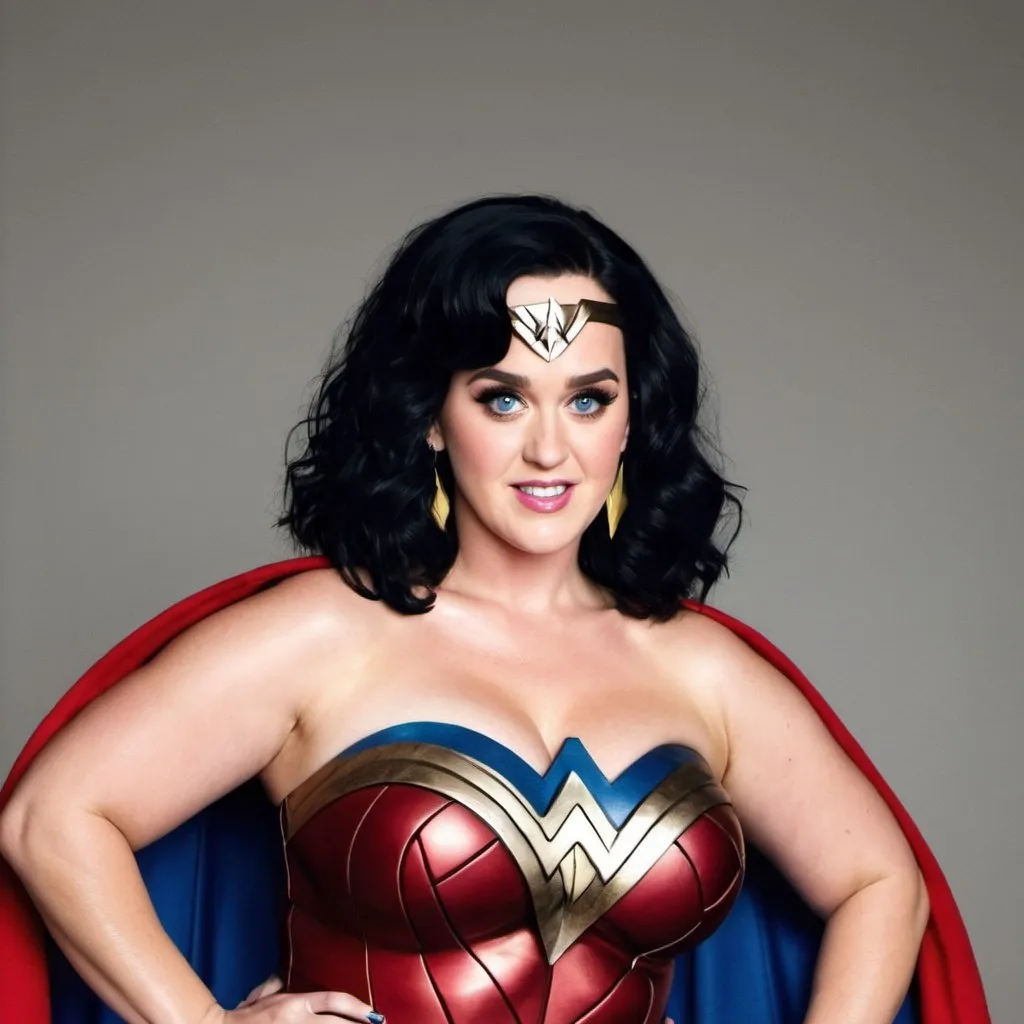 Prompt: Katy Perry dressed as fat bbw Wonder Woman  with big bouffant black hair