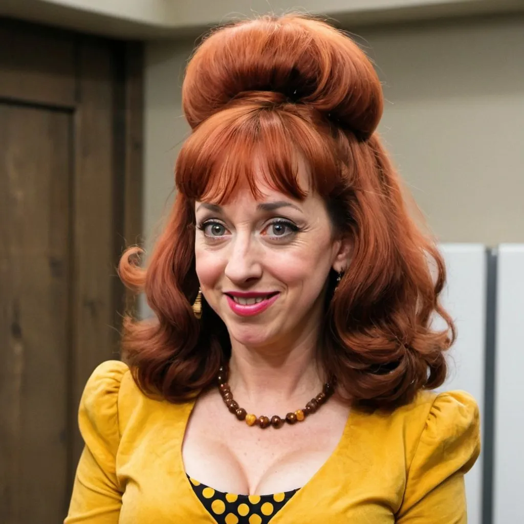 Prompt: Kristen Schaal dressed as peggy bundy with big bouffant beehive long hair