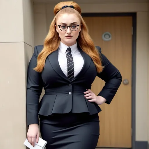 Prompt: Sophie Turner a overweight bbw chubby fat secretary, wearing dress suit with a skirt outfit, glasses, giant bouffant beehive hairstyle with bangs, makeup, photo style, detailed face, full body