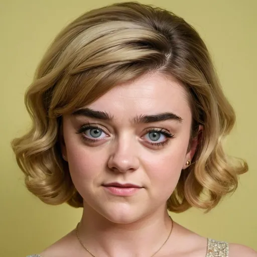 Prompt: maisie williams A quintessential Stepford wife from the 1960s, embodying the idealized perfection of suburban domesticity. She stands in the center, her figure a study in curvaceous elegance, with a blonde bouffant beehive hairstyle that soars to impossible heights and is meticulously styled to maintain its voluminous shape. The hair, a cascade of golden curls, casting a warm glow upon her flawless complexion. Her eyes are a piercing shade 