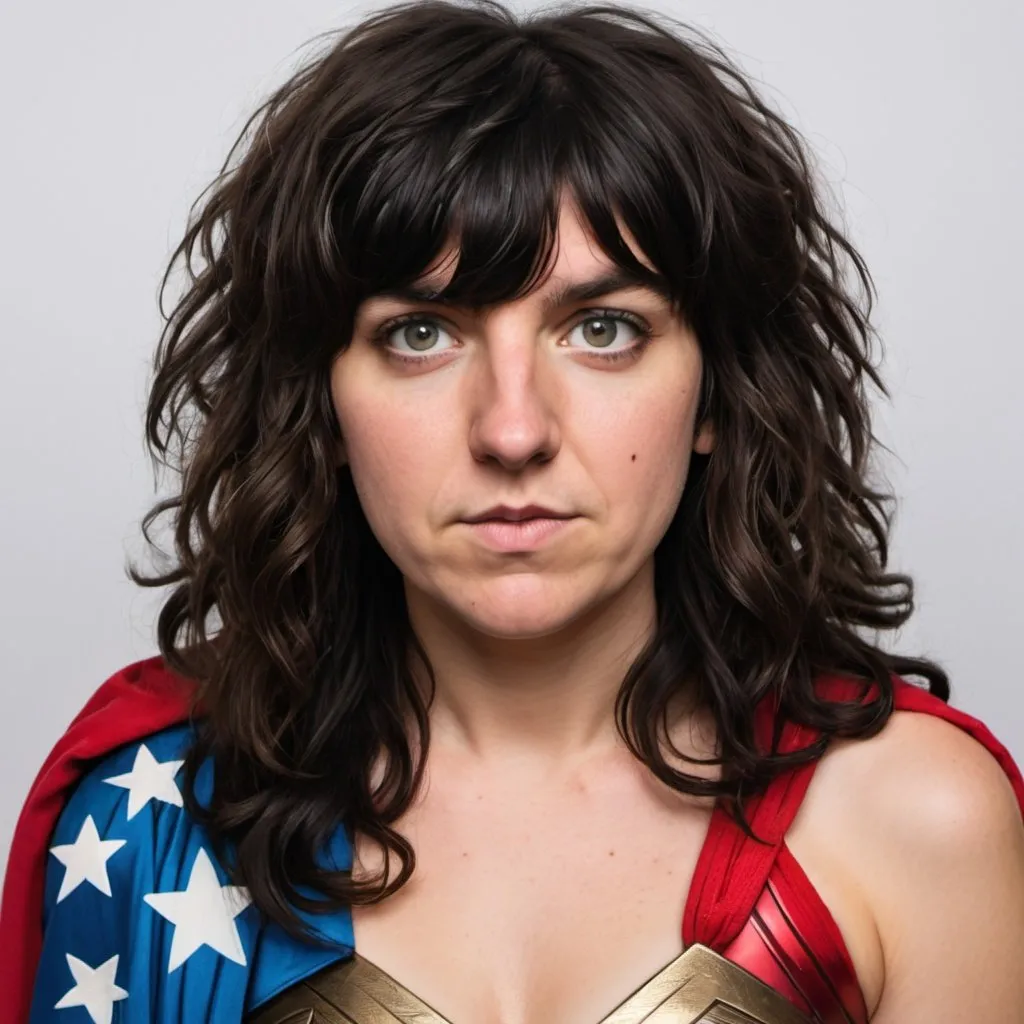 Prompt: Courtney Barnett dressed as Wonder Woman  with big bouffant black hair