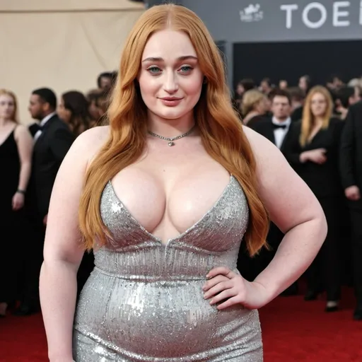 Prompt: fat Sophie Turner, chubby body, plump bbw, long hair, big chest, wearing a sparkly dress